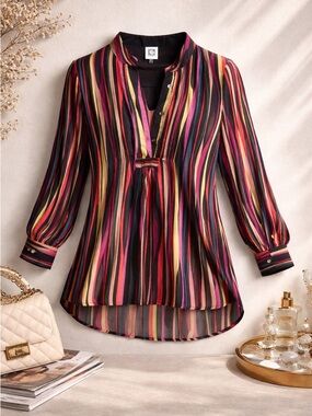 Anne Klein Striped V-Neck Blouse in Multi-Color size small